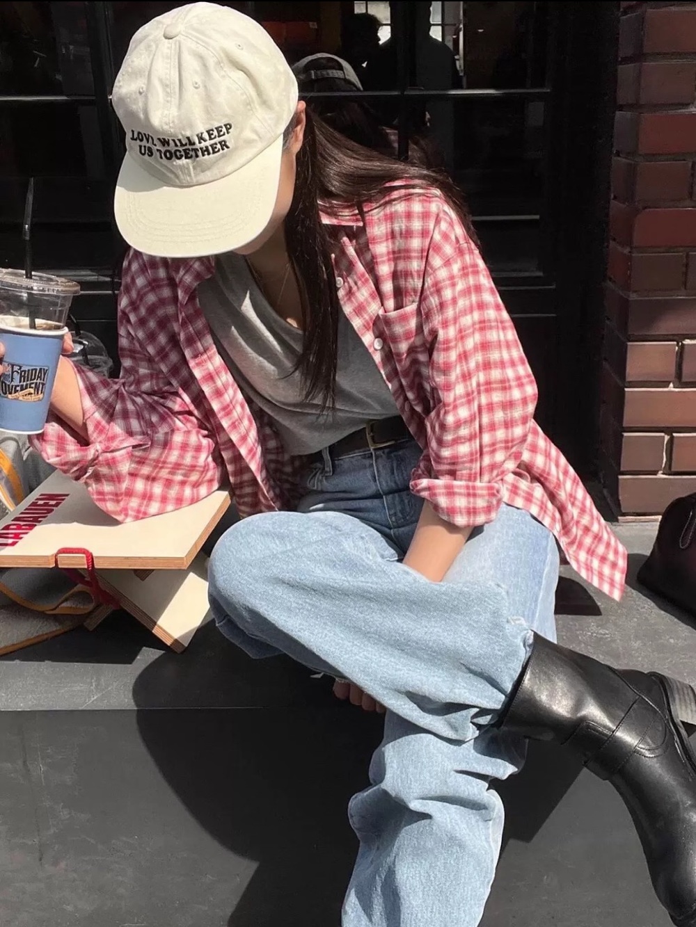 Korean LANGER Red Plaid Button-Down Shirt Women